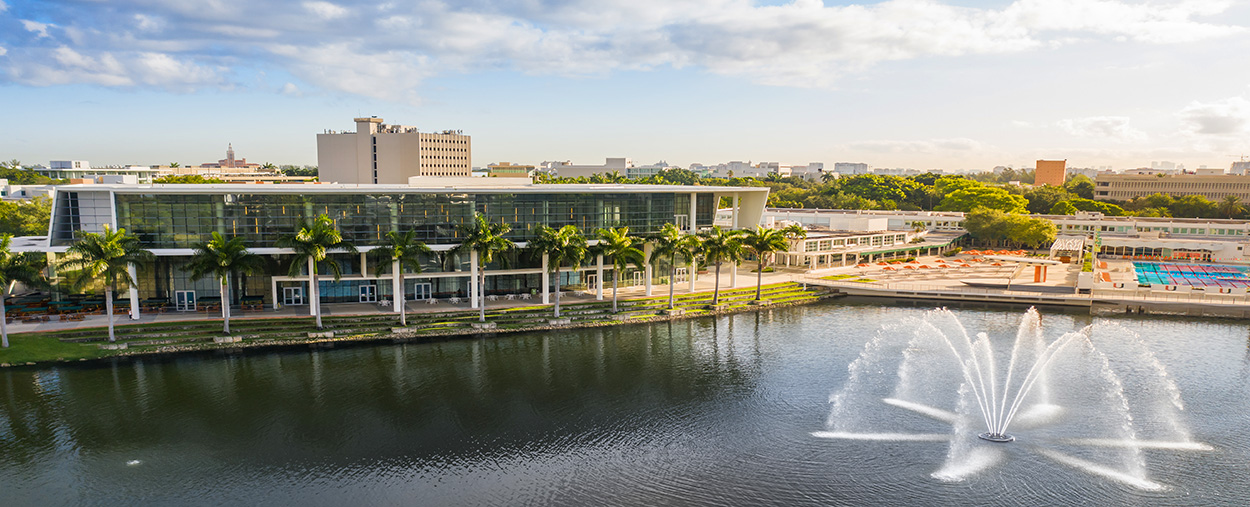 This is an aerial view of Lake Osceola and the Shalala Student Center on the University of Miami Coral Gables campus. 
