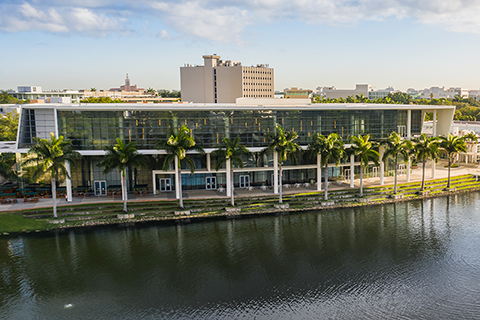 This is an aerial view of Lake Osceola and the Shalala Student Center on the University of Miami Coral Gables campus. 